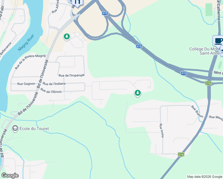 map of restaurants, bars, coffee shops, grocery stores, and more near Rue de Tourville in Sherbrooke