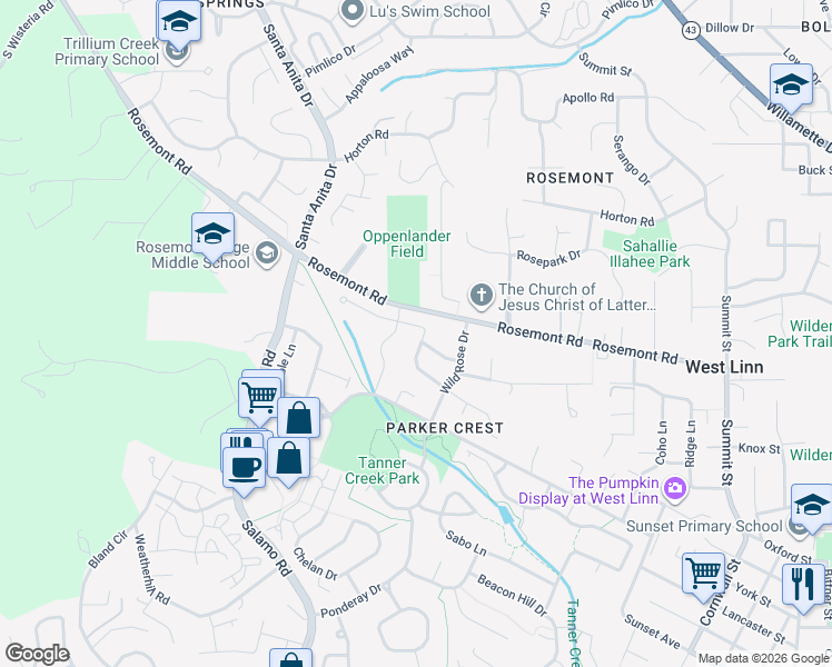 map of restaurants, bars, coffee shops, grocery stores, and more near 4002 Roxbury Drive in West Linn
