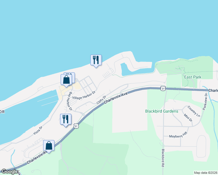 map of restaurants, bars, coffee shops, grocery stores, and more near 3608 Cliffs Drive in Petoskey