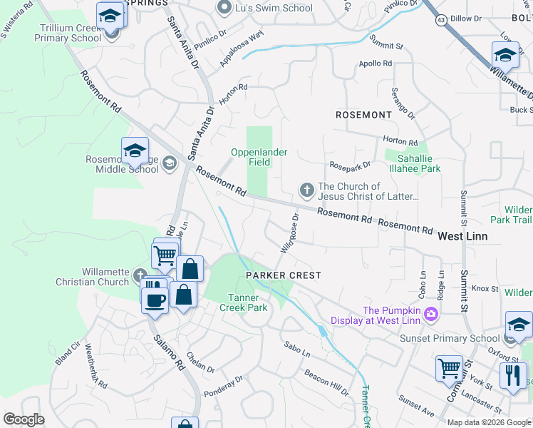 map of restaurants, bars, coffee shops, grocery stores, and more near 4002 Roxbury Drive in West Linn