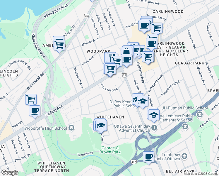 map of restaurants, bars, coffee shops, grocery stores, and more near 2297 Fox Crescent in Ottawa