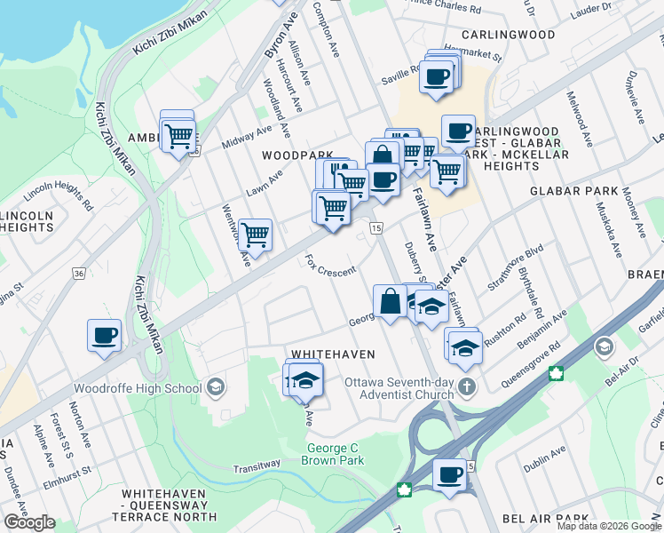 map of restaurants, bars, coffee shops, grocery stores, and more near 2297 Fox Crescent in Ottawa