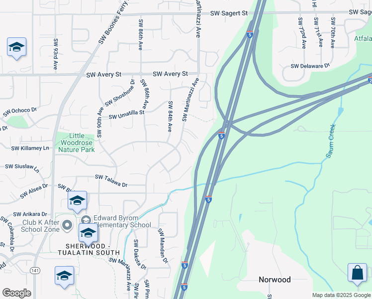 map of restaurants, bars, coffee shops, grocery stores, and more near 8220 Southwest Ponca Court in Tualatin