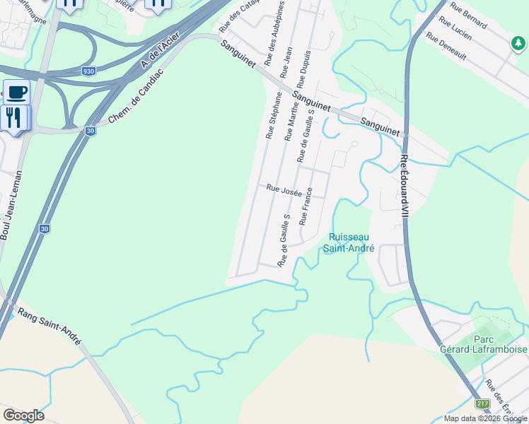 map of restaurants, bars, coffee shops, grocery stores, and more near Rue Marthe in Montérégie