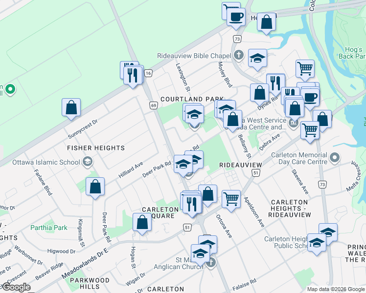 map of restaurants, bars, coffee shops, grocery stores, and more near in Ottawa