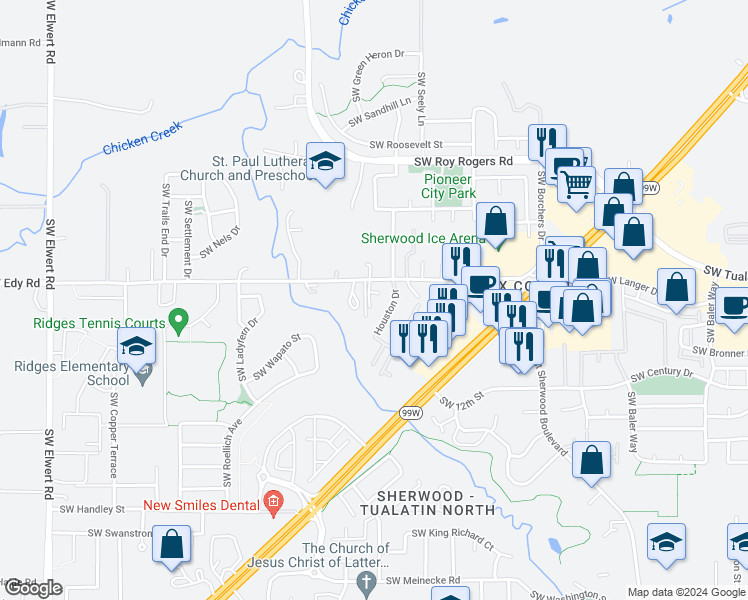 map of restaurants, bars, coffee shops, grocery stores, and more near 17216 Southwest Edy Road in Sherwood