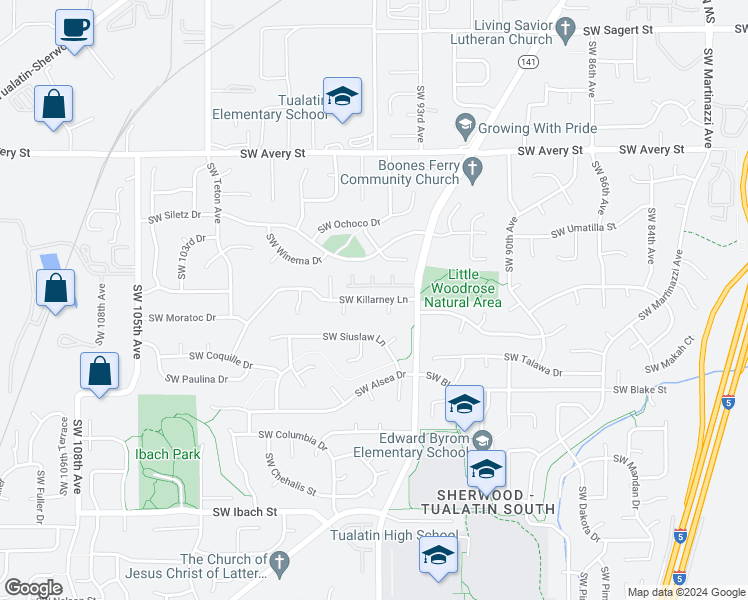 map of restaurants, bars, coffee shops, grocery stores, and more near 9515 Southwest Killarney Lane in Tualatin