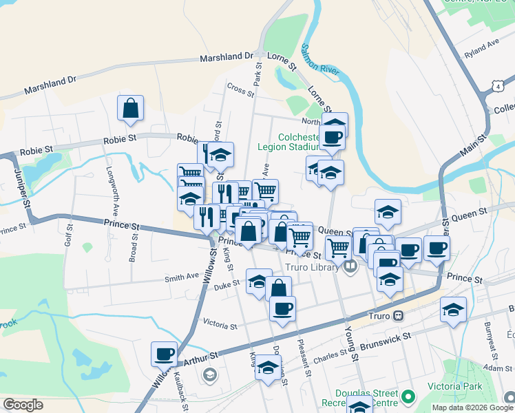map of restaurants, bars, coffee shops, grocery stores, and more near 43 Queen Street in Truro