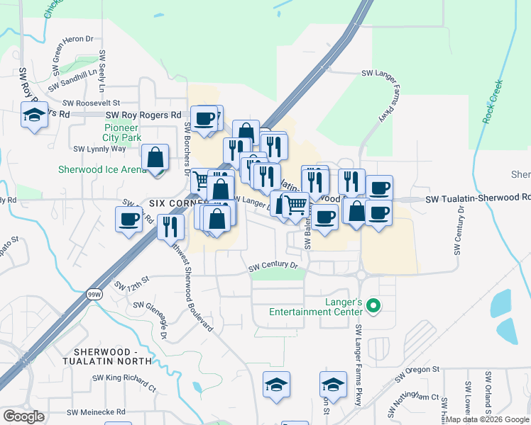 map of restaurants, bars, coffee shops, grocery stores, and more near 16155 Southwest Holland Lane in Sherwood