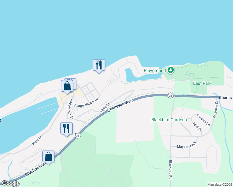 map of restaurants, bars, coffee shops, grocery stores, and more near 3608 Cliffs Drive in Petoskey