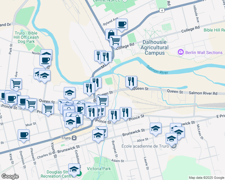 map of restaurants, bars, coffee shops, grocery stores, and more near 295 Queen Street in Truro