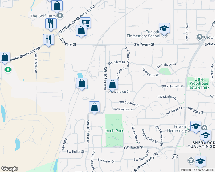 map of restaurants, bars, coffee shops, grocery stores, and more near 10488 Southwest Susquehanna Drive in Tualatin
