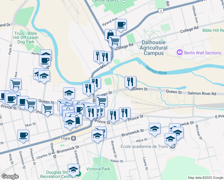 map of restaurants, bars, coffee shops, grocery stores, and more near 295 Queen Street in Truro