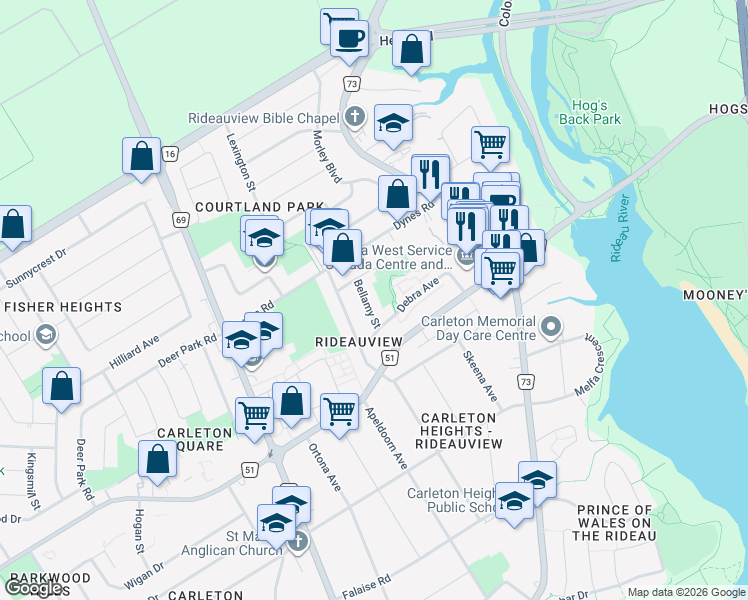 map of restaurants, bars, coffee shops, grocery stores, and more near 1419 Bellamy Street in Ottawa