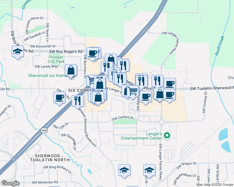 map of restaurants, bars, coffee shops, grocery stores, and more near 16189 Southwest Holland Lane in Sherwood