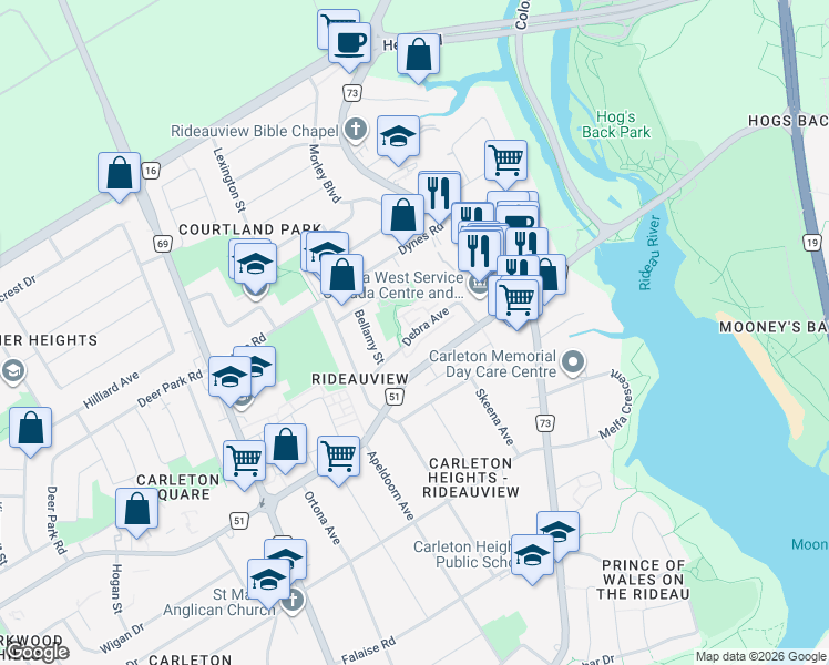 map of restaurants, bars, coffee shops, grocery stores, and more near Debra Avenue in Ottawa