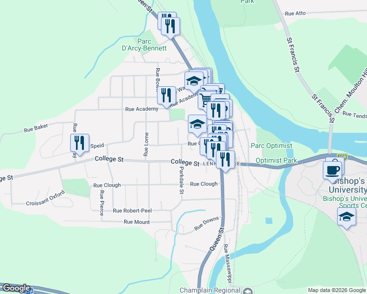 map of restaurants, bars, coffee shops, grocery stores, and more near 29 Rue Church in Sherbrooke