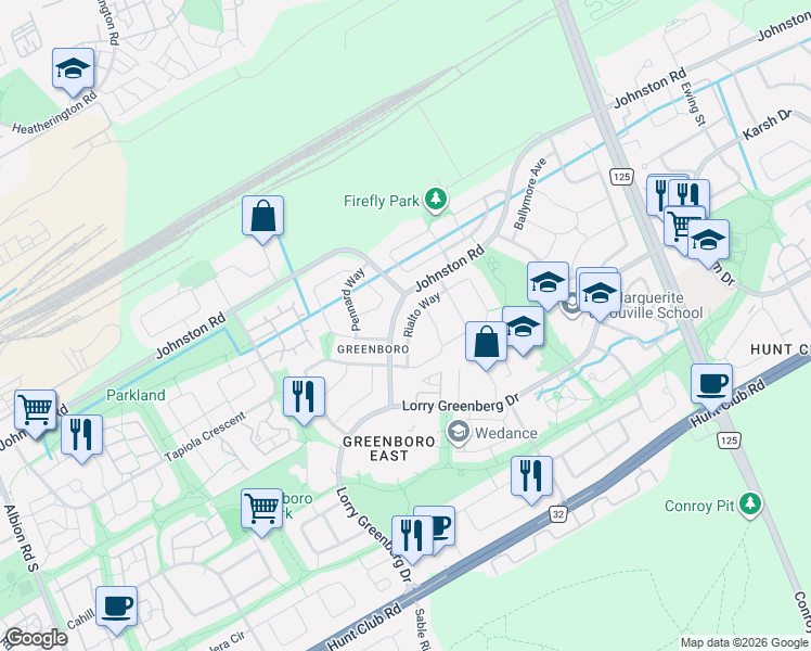 map of restaurants, bars, coffee shops, grocery stores, and more near 33 Rialto Way in Ottawa