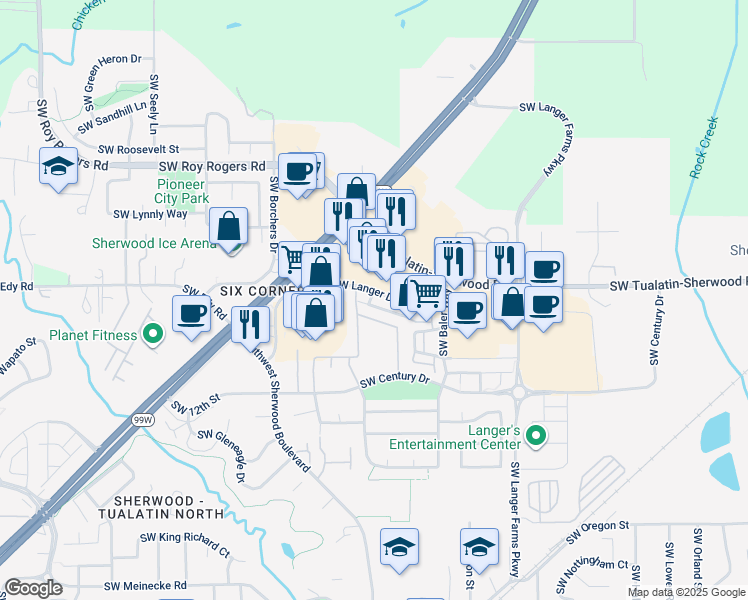 map of restaurants, bars, coffee shops, grocery stores, and more near 16195 Southwest Holland Lane in Sherwood