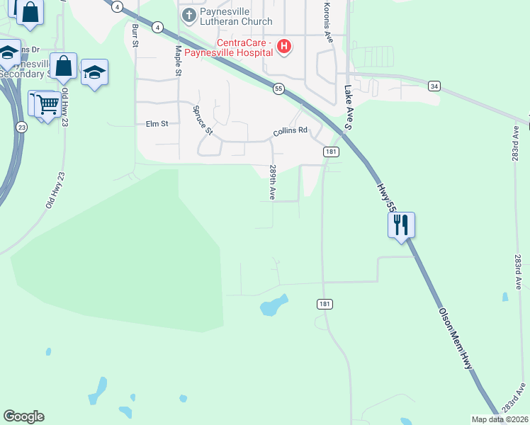 map of restaurants, bars, coffee shops, grocery stores, and more near 16853 289th Avenue in Paynesville