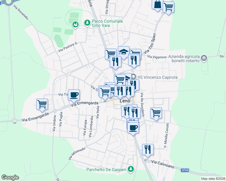 map of restaurants, bars, coffee shops, grocery stores, and more near 29 Via Damonte in Leno