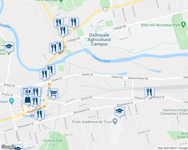 map of restaurants, bars, coffee shops, grocery stores, and more near 378 Queen Street in Truro