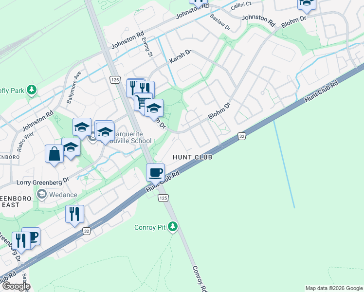 map of restaurants, bars, coffee shops, grocery stores, and more near 201 Briston Private in Ottawa