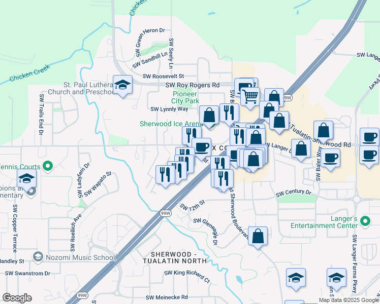 map of restaurants, bars, coffee shops, grocery stores, and more near 16852 Southwest Edy Road in Sherwood