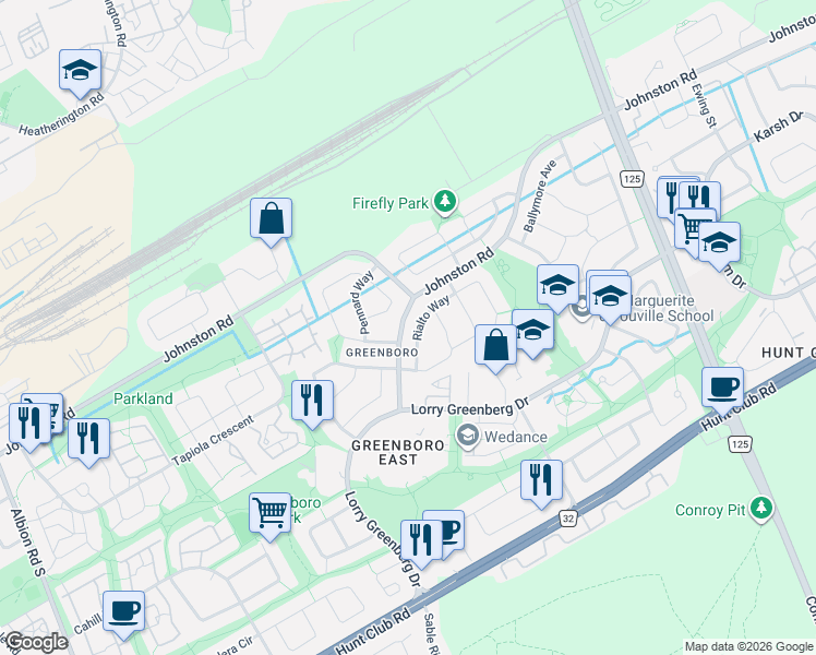map of restaurants, bars, coffee shops, grocery stores, and more near 49 Binbury Way in Ottawa
