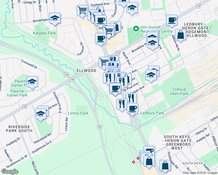 map of restaurants, bars, coffee shops, grocery stores, and more near 3-1930 Bank Street in Ottawa