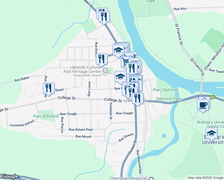 map of restaurants, bars, coffee shops, grocery stores, and more near 29 Rue Church in Sherbrooke