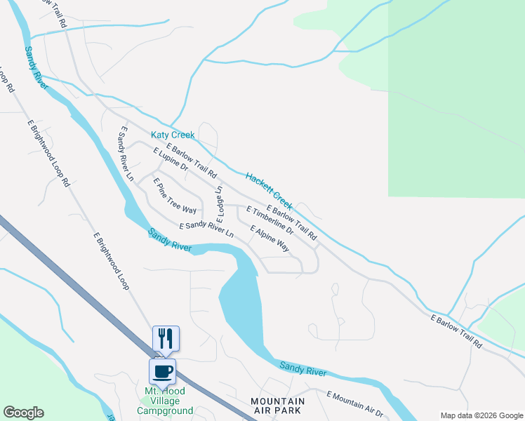 map of restaurants, bars, coffee shops, grocery stores, and more near 65405 East Timberline Drive in Rhododendron