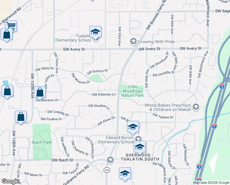 map of restaurants, bars, coffee shops, grocery stores, and more near 9375 Southwest Killarney Lane in Tualatin