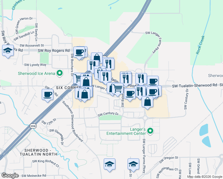 map of restaurants, bars, coffee shops, grocery stores, and more near 15964 Southwest Tualatin-Sherwood Road in Sherwood