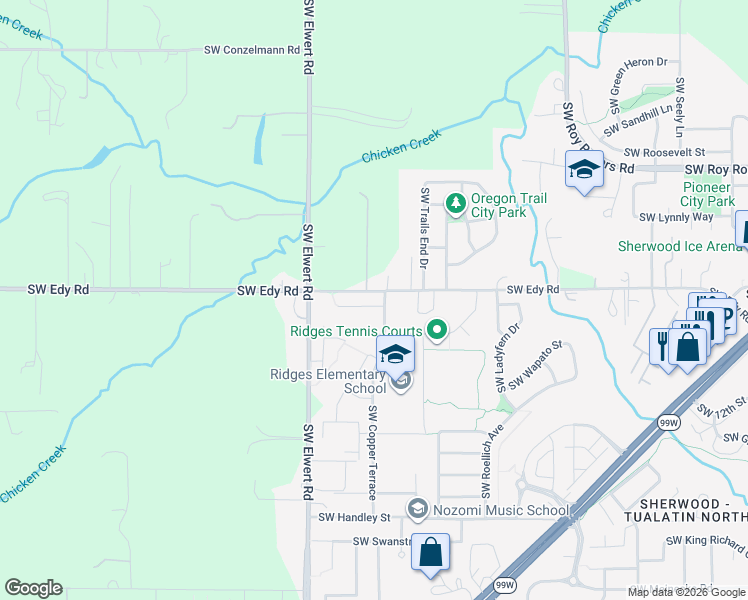 map of restaurants, bars, coffee shops, grocery stores, and more near 18267 Elderberry LN in Sherwood