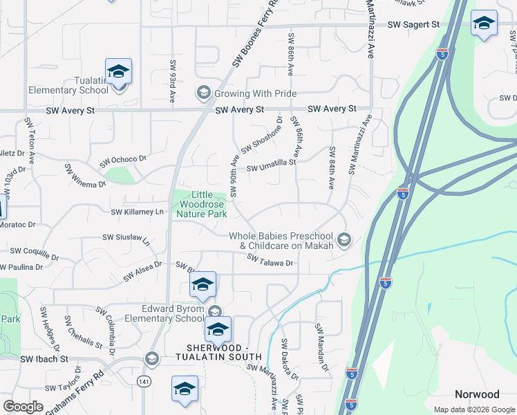 map of restaurants, bars, coffee shops, grocery stores, and more near 8767 Southwest Iroquois Drive in Tualatin