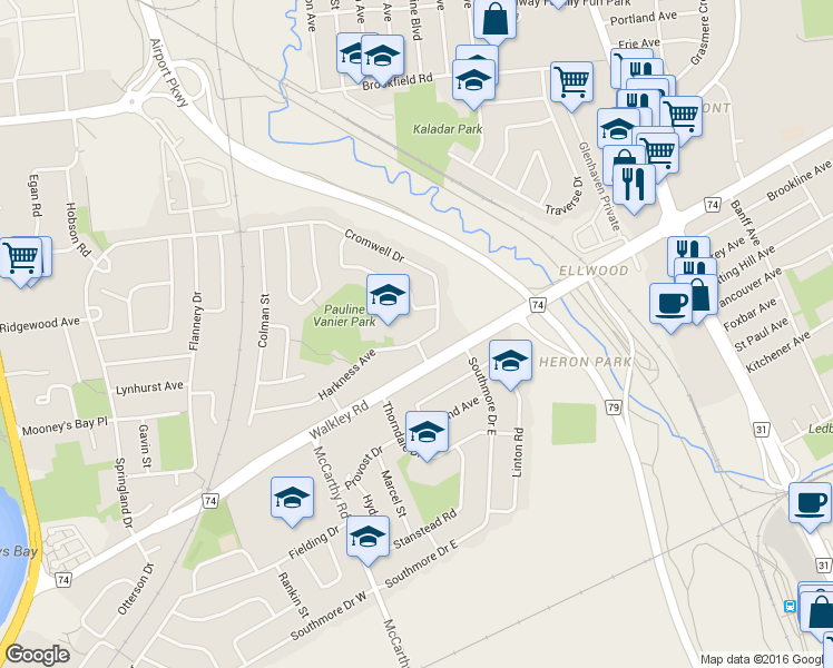 map of restaurants, bars, coffee shops, grocery stores, and more near 1051 Harkness Avenue in Ottawa