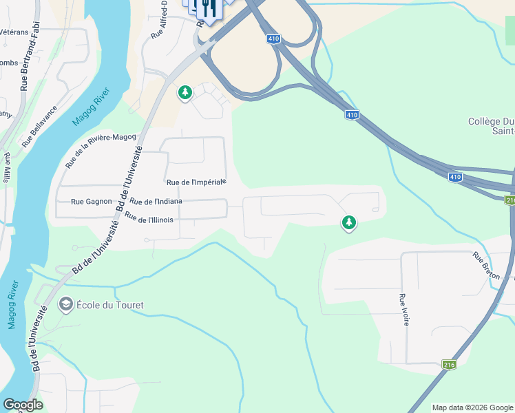 map of restaurants, bars, coffee shops, grocery stores, and more near 3830 Rue de Tourville in Sherbrooke