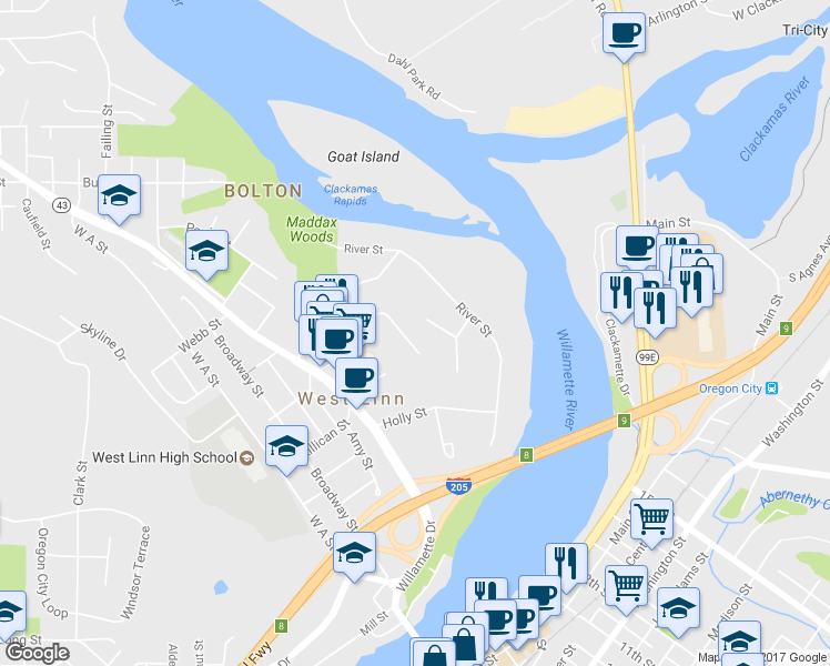 map of restaurants, bars, coffee shops, grocery stores, and more near 5631 Cascade Street in West Linn
