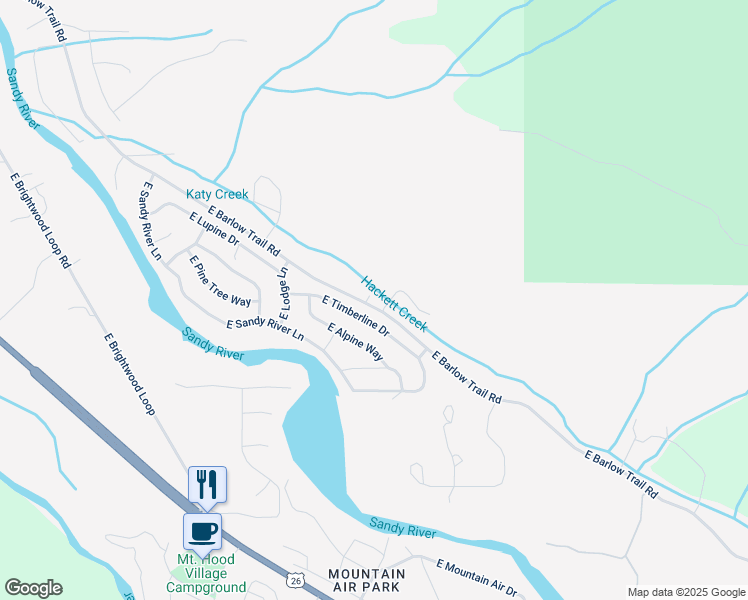 map of restaurants, bars, coffee shops, grocery stores, and more near 21580 East Hackett Creek Court in Rhododendron