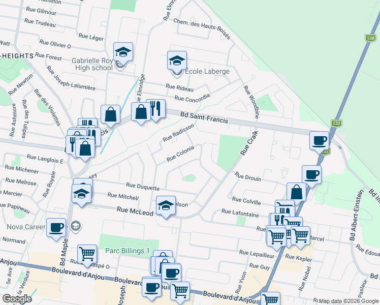 map of restaurants, bars, coffee shops, grocery stores, and more near 304 Rue Colonia in Châteauguay