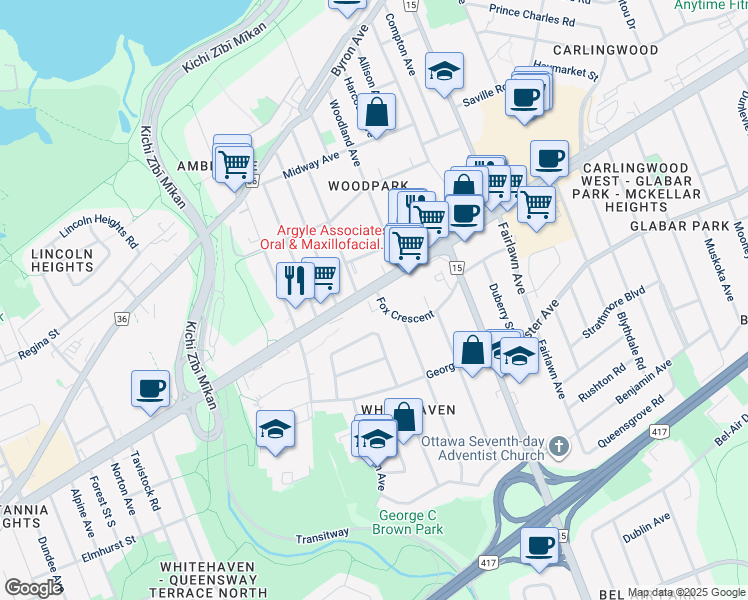 map of restaurants, bars, coffee shops, grocery stores, and more near 2310 Fox Crescent in Ottawa