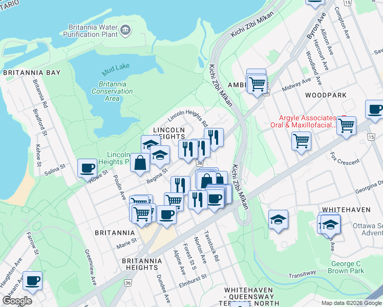 map of restaurants, bars, coffee shops, grocery stores, and more near 2536 Regina Street in Ottawa