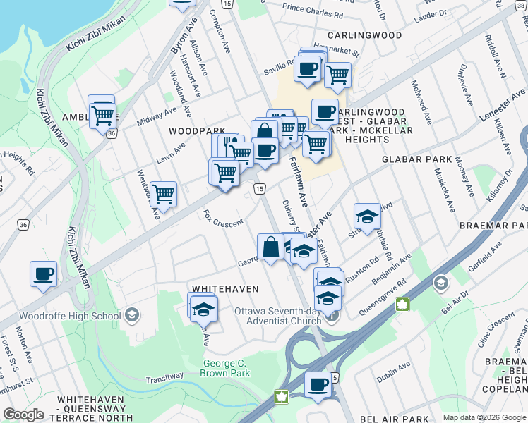 map of restaurants, bars, coffee shops, grocery stores, and more near 844 Woodroffe Avenue in Ottawa