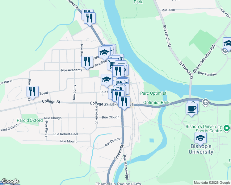 map of restaurants, bars, coffee shops, grocery stores, and more near 9 Rue Church in Sherbrooke