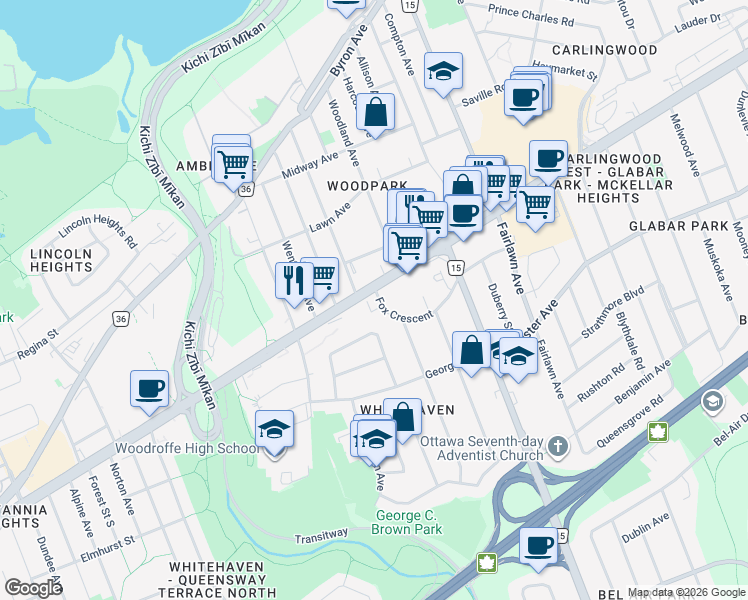 map of restaurants, bars, coffee shops, grocery stores, and more near 2310 Fox Crescent in Ottawa