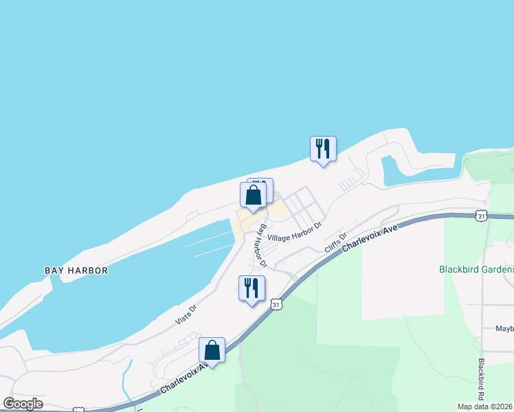 map of restaurants, bars, coffee shops, grocery stores, and more near 4160 Main Street in Petoskey