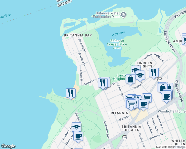 map of restaurants, bars, coffee shops, grocery stores, and more near 202 Britannia Road in Ottawa