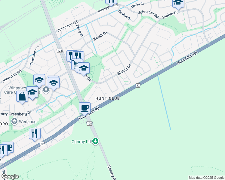 map of restaurants, bars, coffee shops, grocery stores, and more near 59 Woodbury Crescent in Ottawa