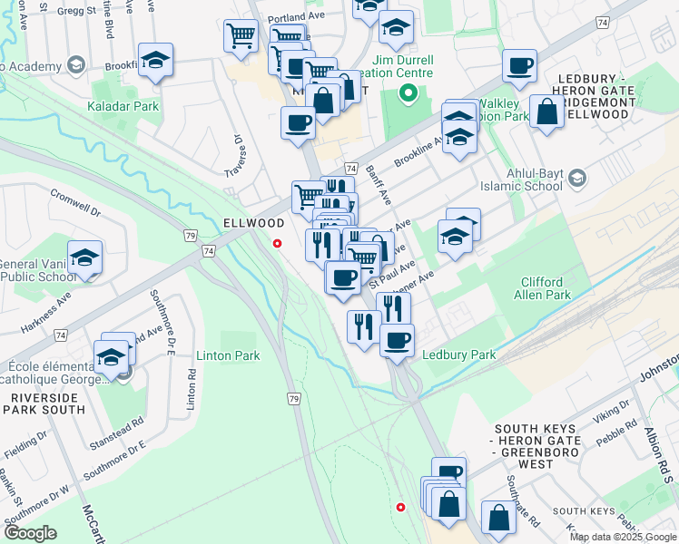 map of restaurants, bars, coffee shops, grocery stores, and more near 3-1930 Bank Street in Ottawa